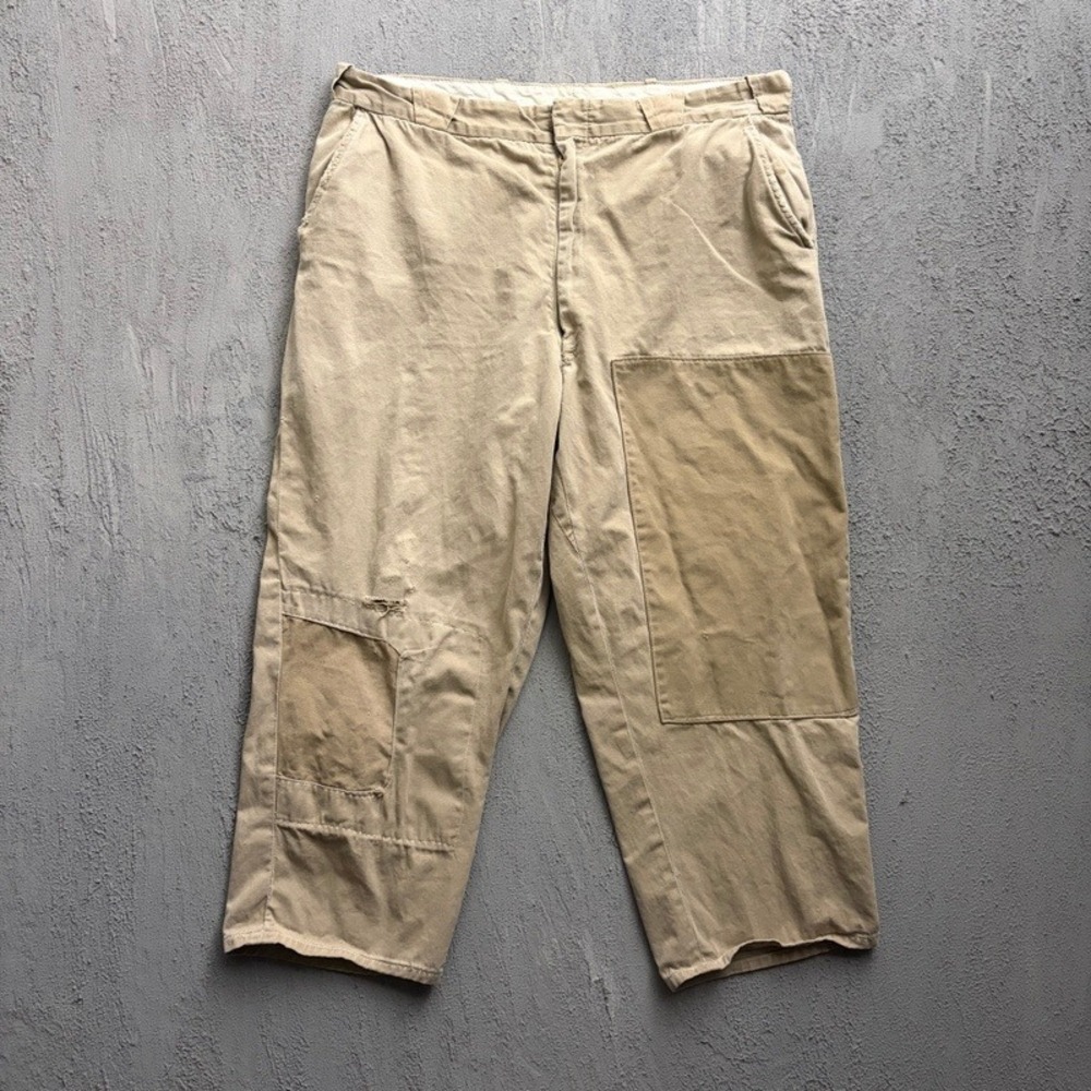Vintage Khaki Workwear Pants 36 Beige 1960s Distressed Patchwork Chino Capri